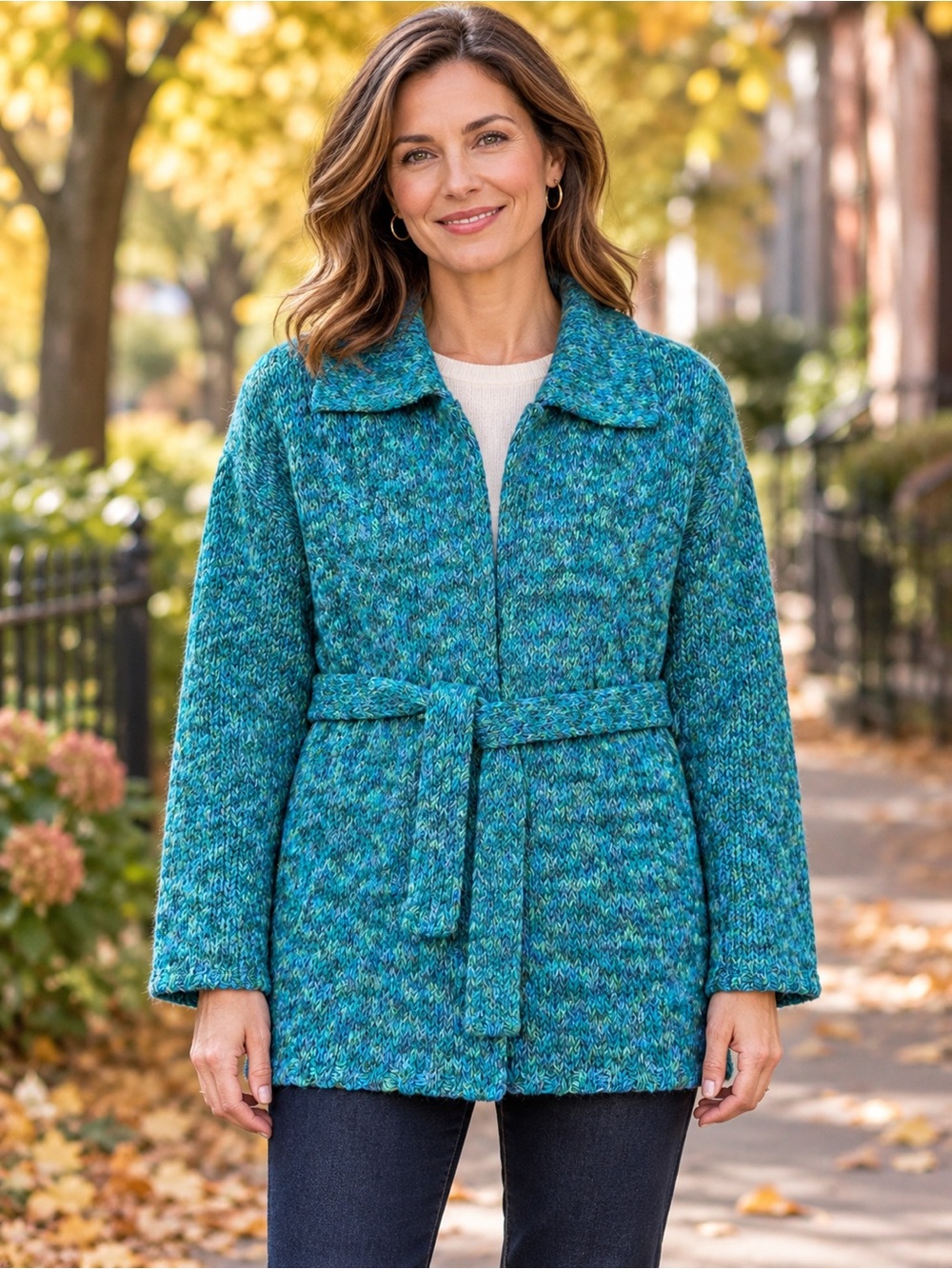 Sigrid Olsen Sport Knit Wool Blend Teal Belted Cardigan Size M Petite